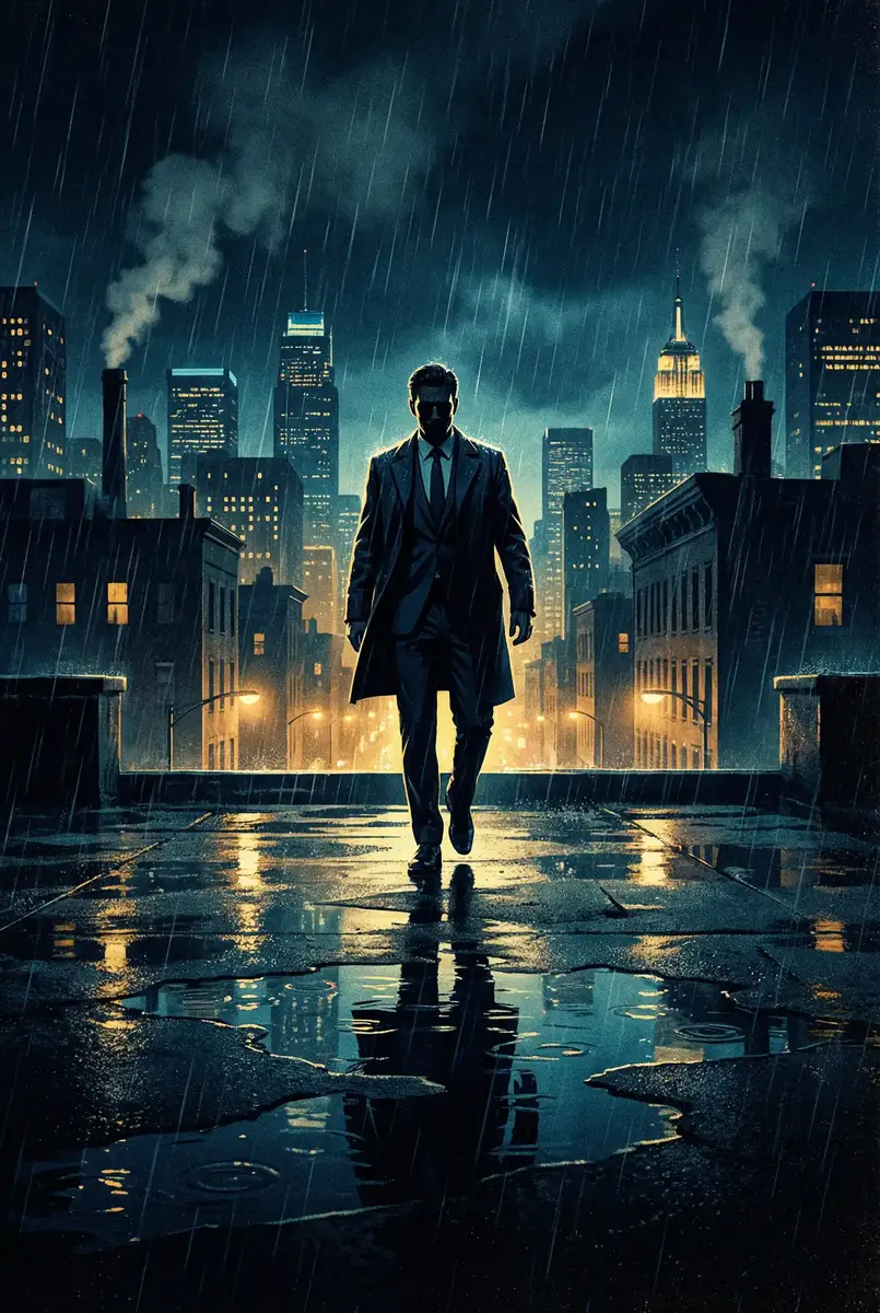 野花香在线观看视频 出品影片《雨夜独行者》海报，雨中城市屋顶男性剪影